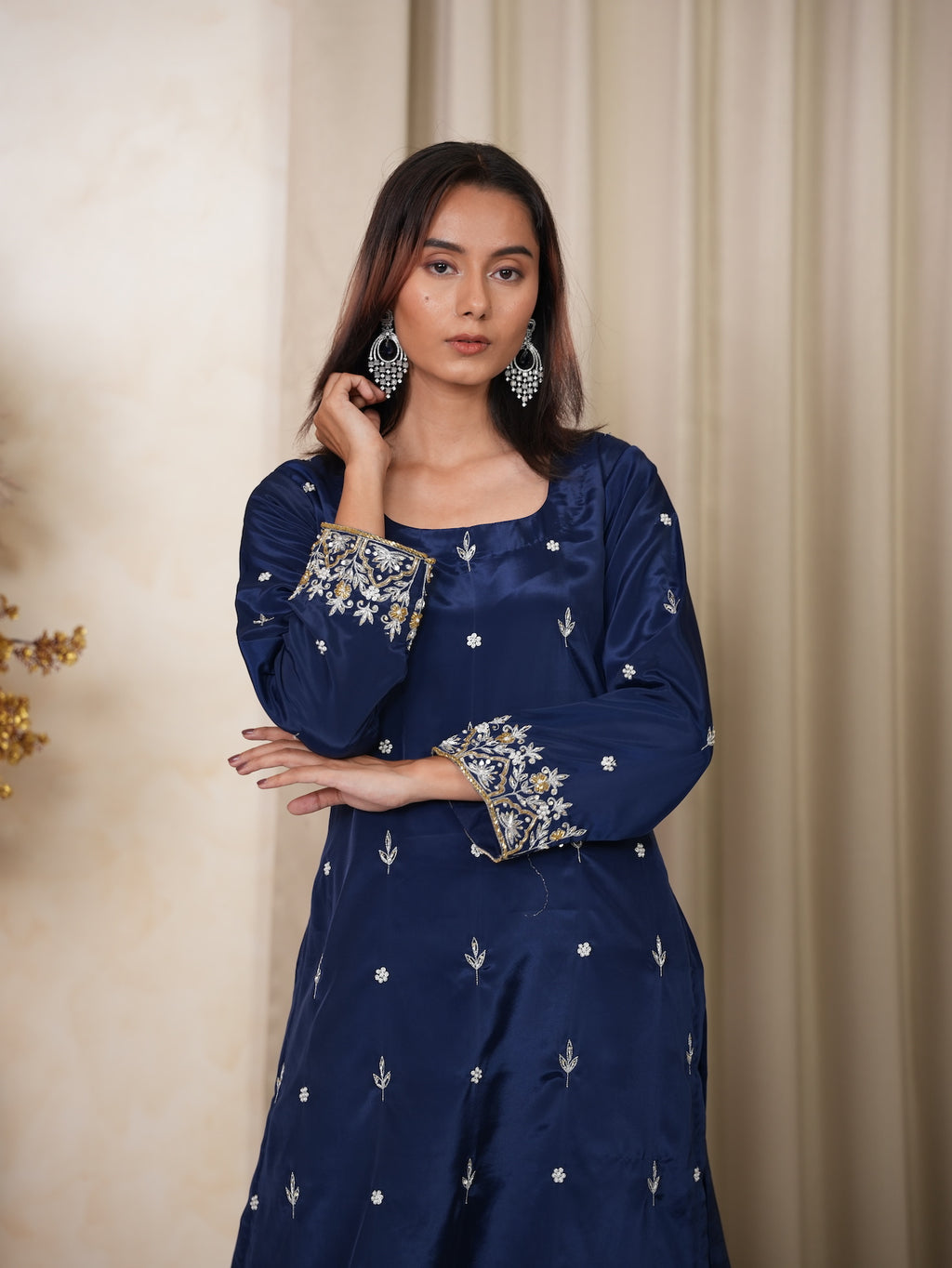 Navy Blue Embroidered Silk Suit Set