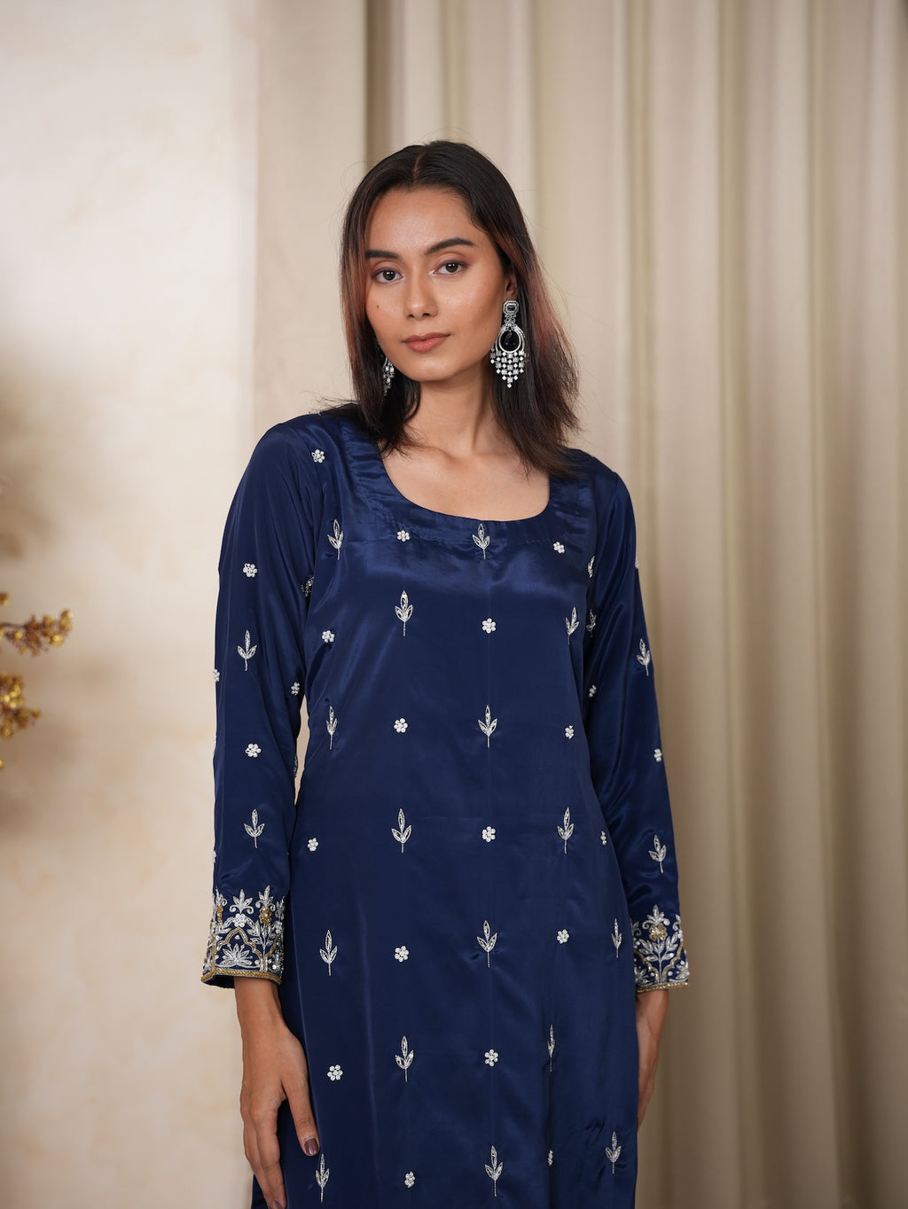 Navy Blue Embroidered Silk Suit Set