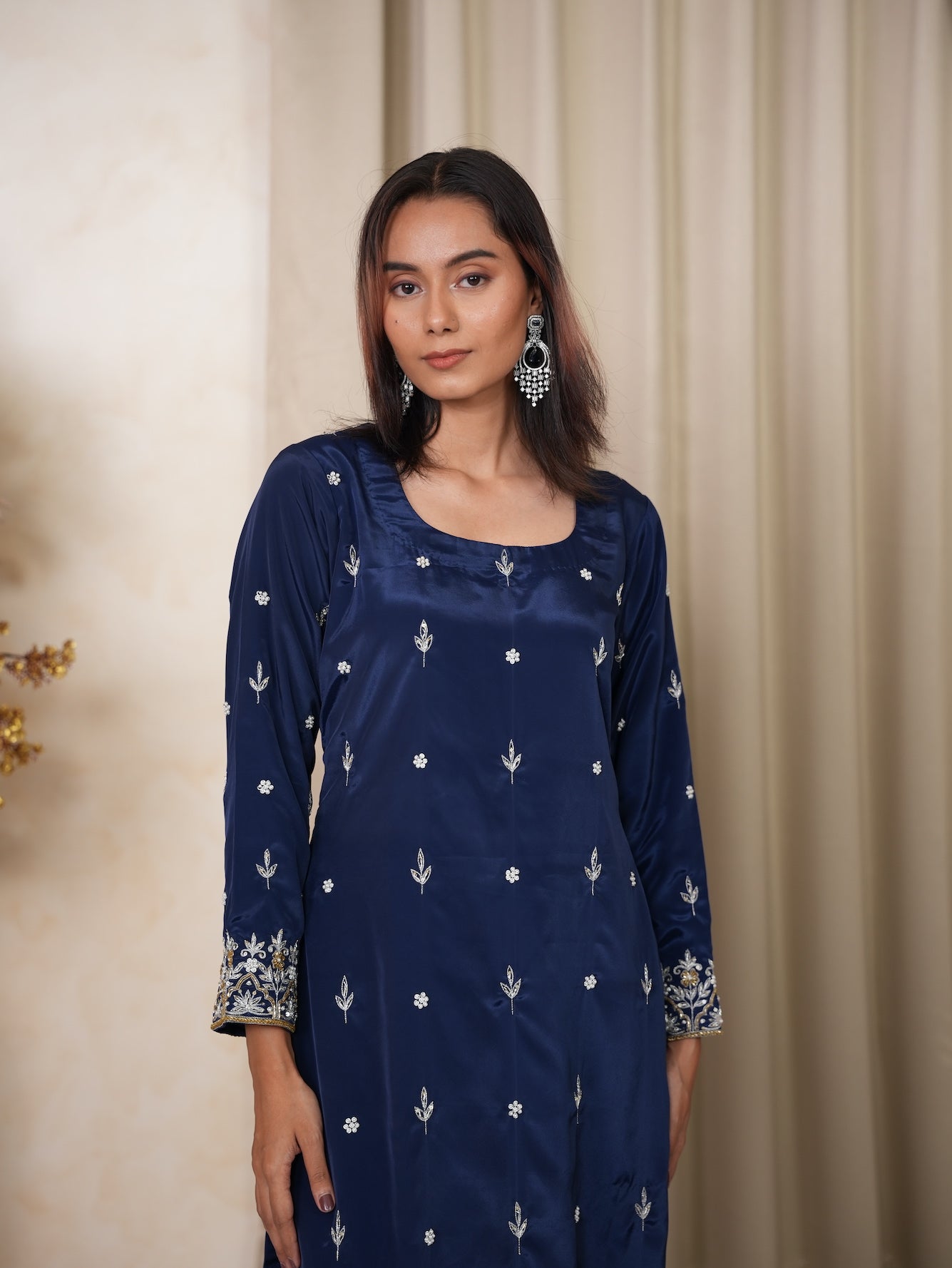 Navy Blue Embroidered Silk Suit Set