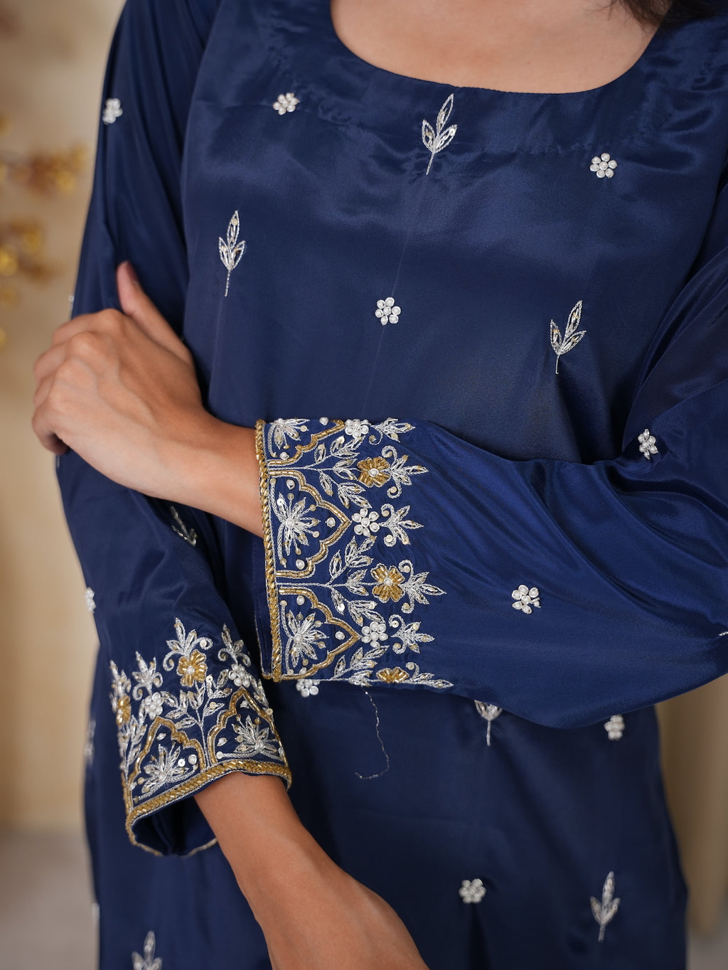 Navy Blue Embroidered Silk Suit Set