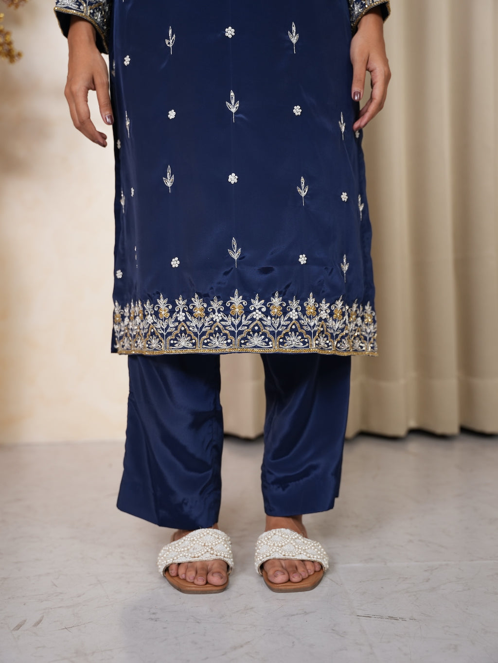 Navy Blue Embroidered Silk Suit Set
