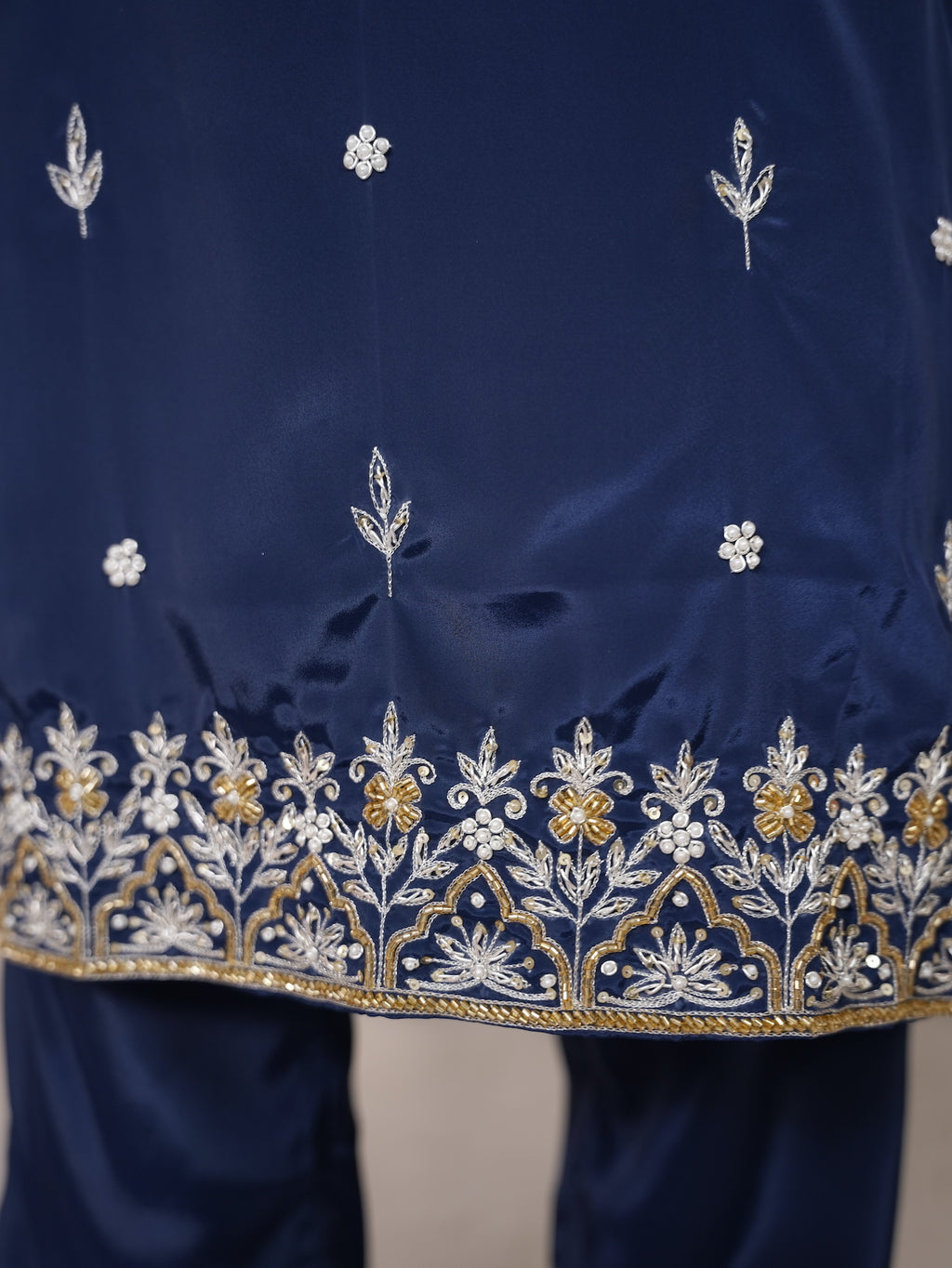 Navy Blue Embroidered Silk Suit Set