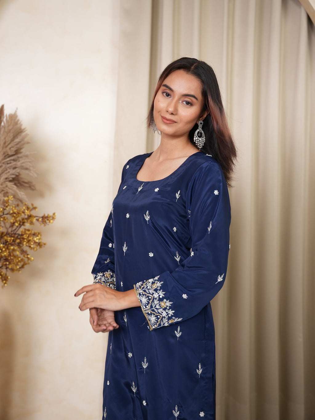 Navy Blue Embroidered Silk Suit Set