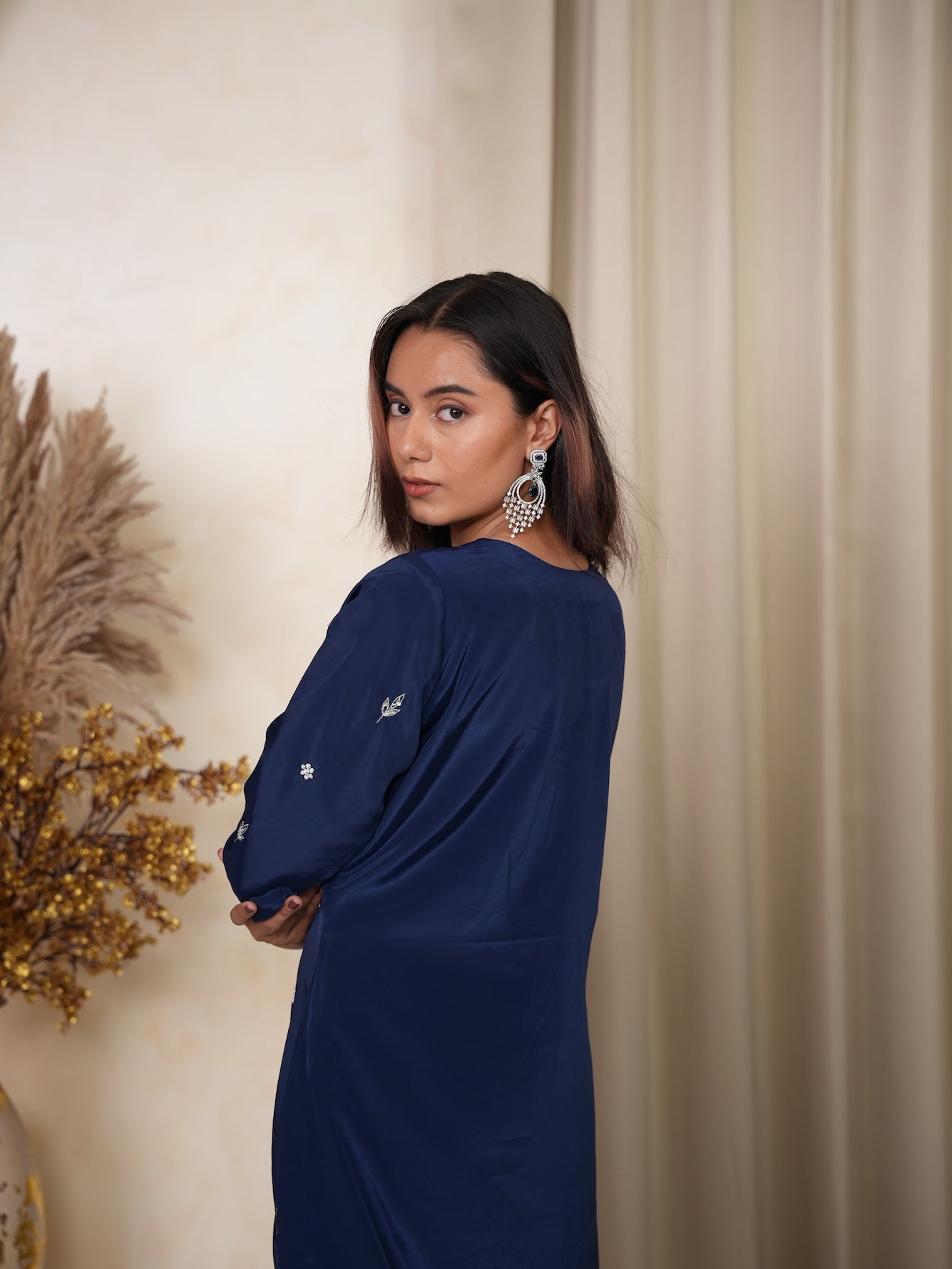 Navy Blue Embroidered Silk Suit Set
