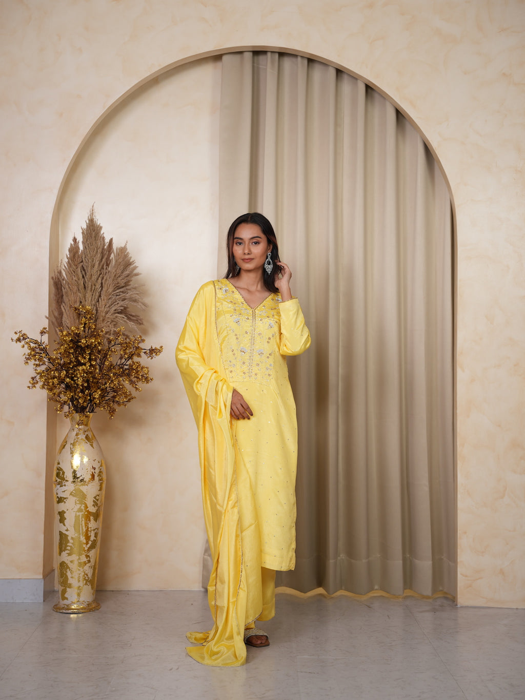 Yellow Hand-Embroidered Silk Suit Set