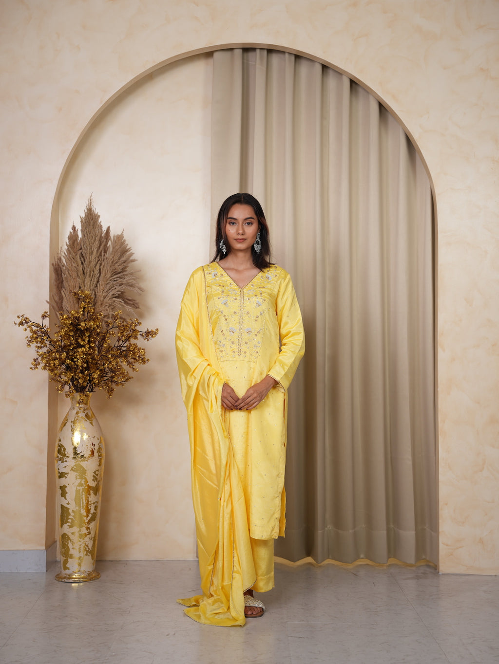 Yellow Hand-Embroidered Silk Suit Set