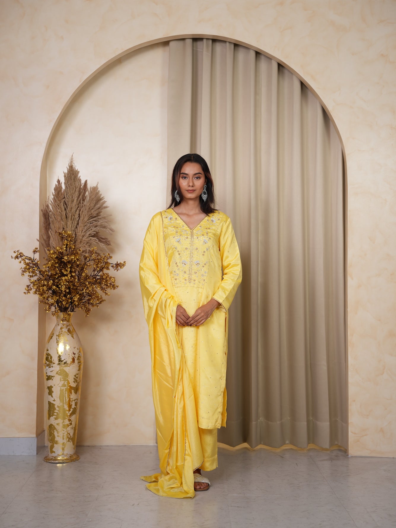 Yellow Hand-Embroidered Silk Suit Set