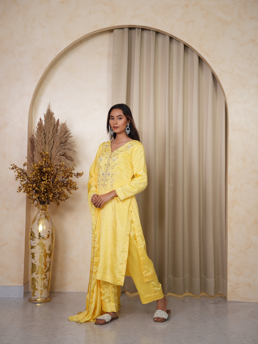 Yellow Hand-Embroidered Silk Suit Set