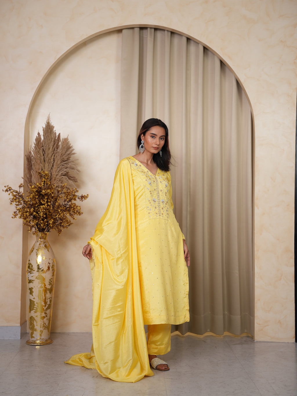 Yellow Hand-Embroidered Silk Suit Set