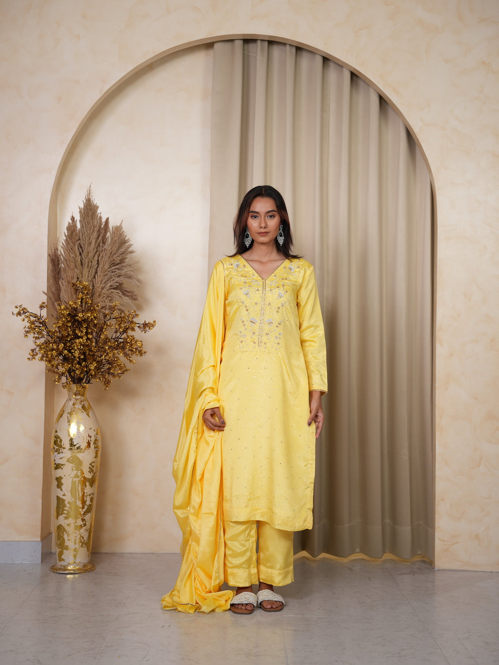 Yellow Hand-Embroidered Silk Suit Set