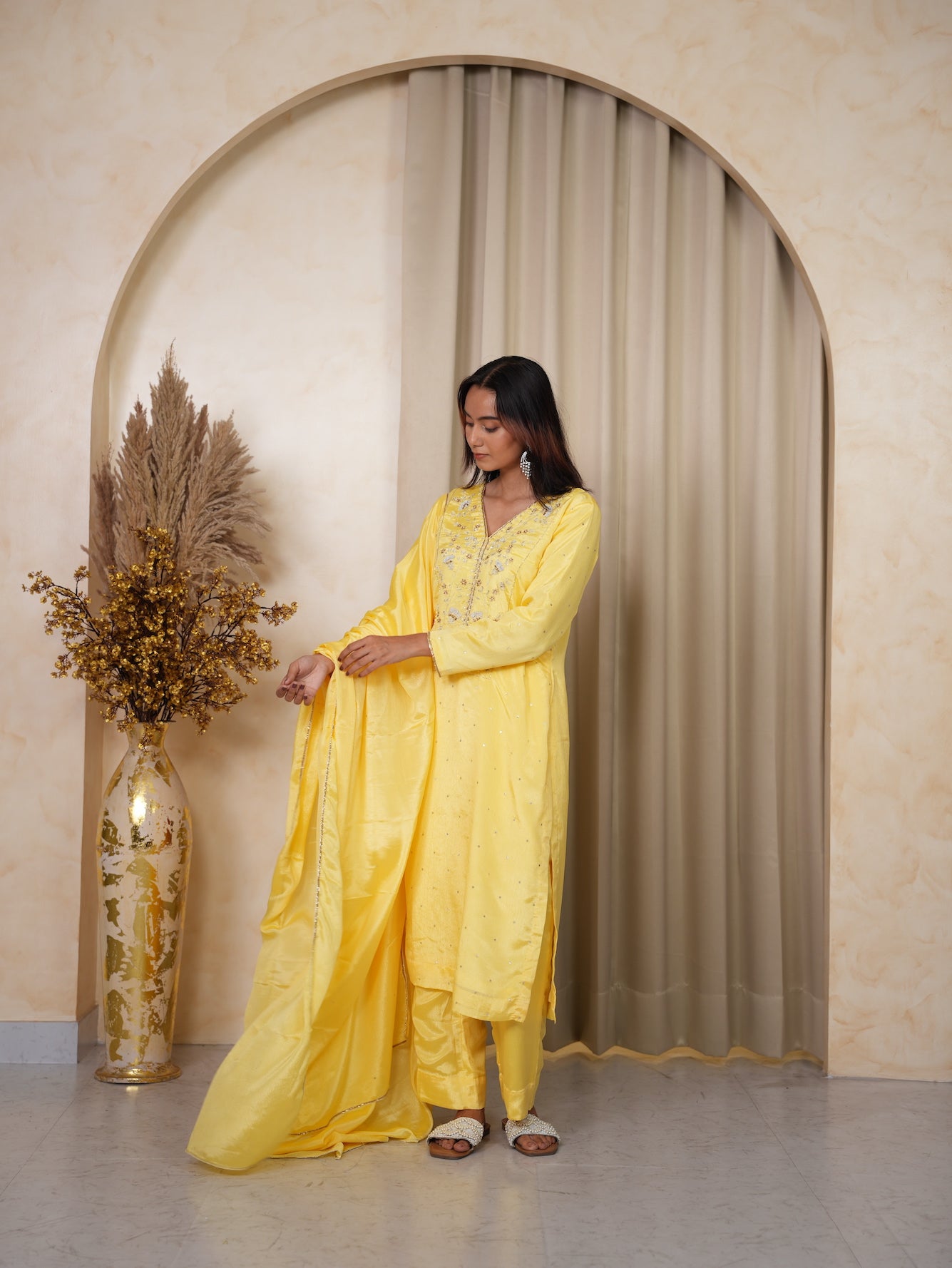 Yellow Hand-Embroidered Silk Suit Set