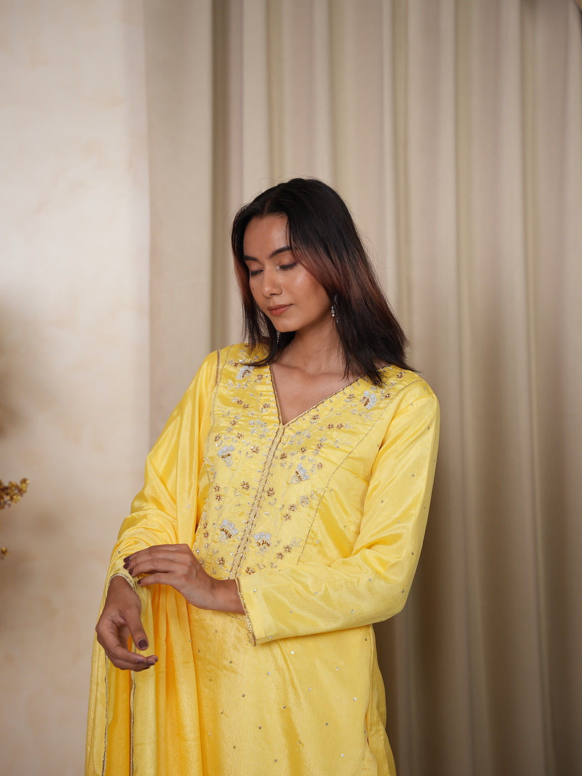 Yellow Hand-Embroidered Silk Suit Set
