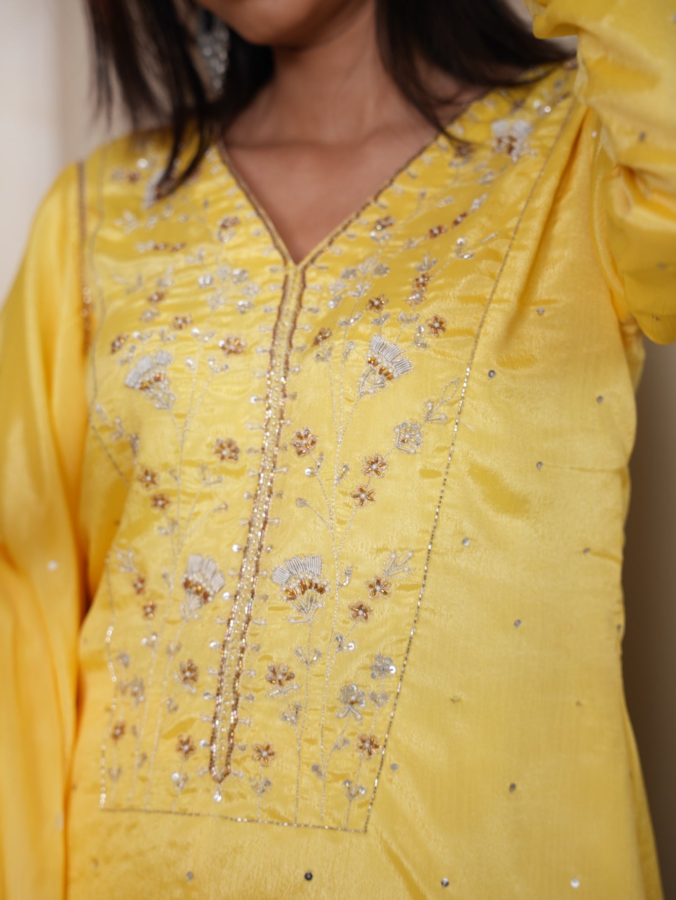 Yellow Hand-Embroidered Silk Suit Set