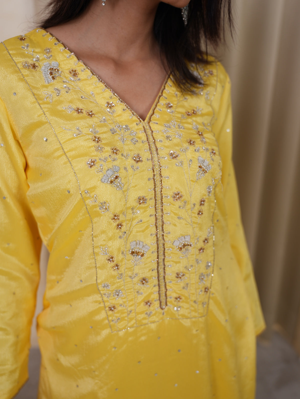 Yellow Hand-Embroidered Silk Suit Set