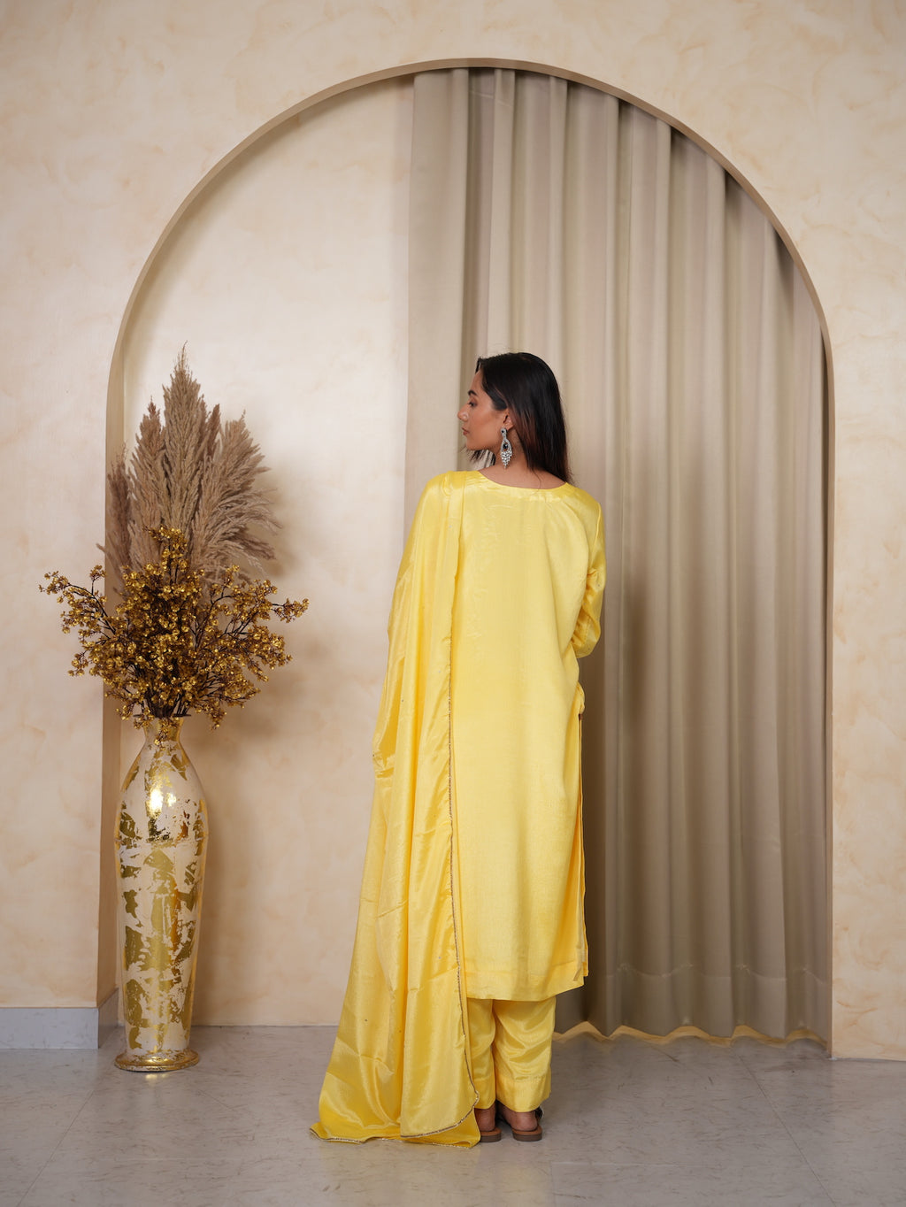 Yellow Hand-Embroidered Silk Suit Set