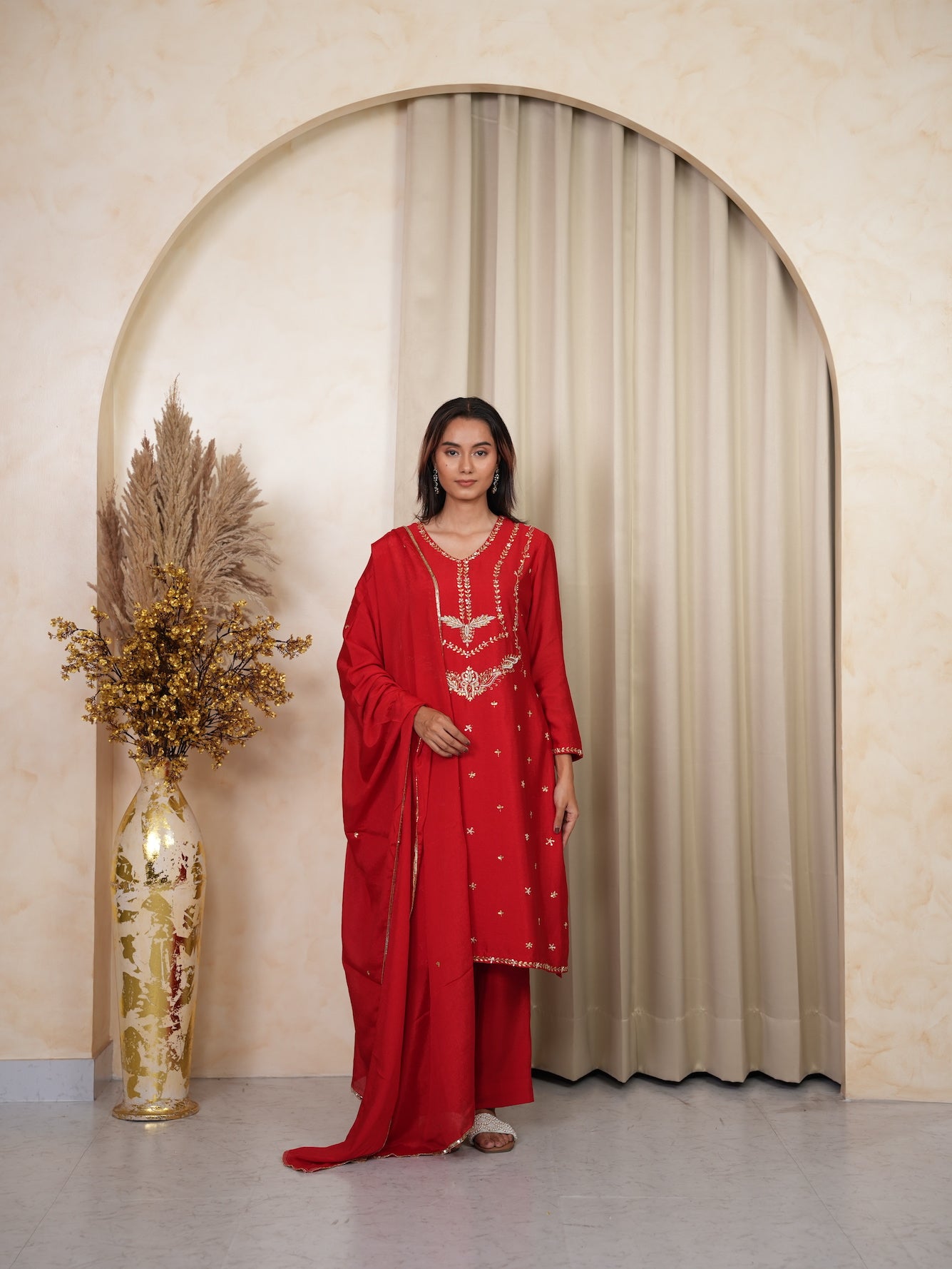Red Zardosi Embroidered Silk Kurta Set