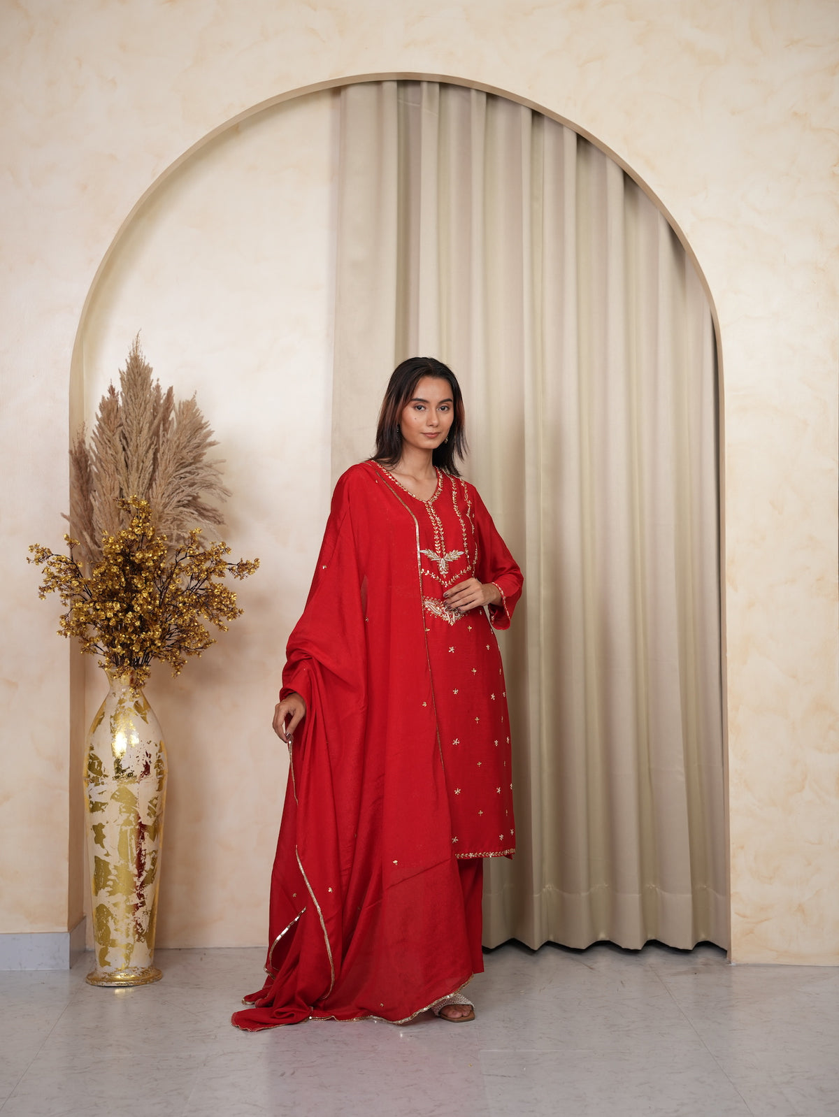 Red Zardosi Embroidered Silk Kurta Set