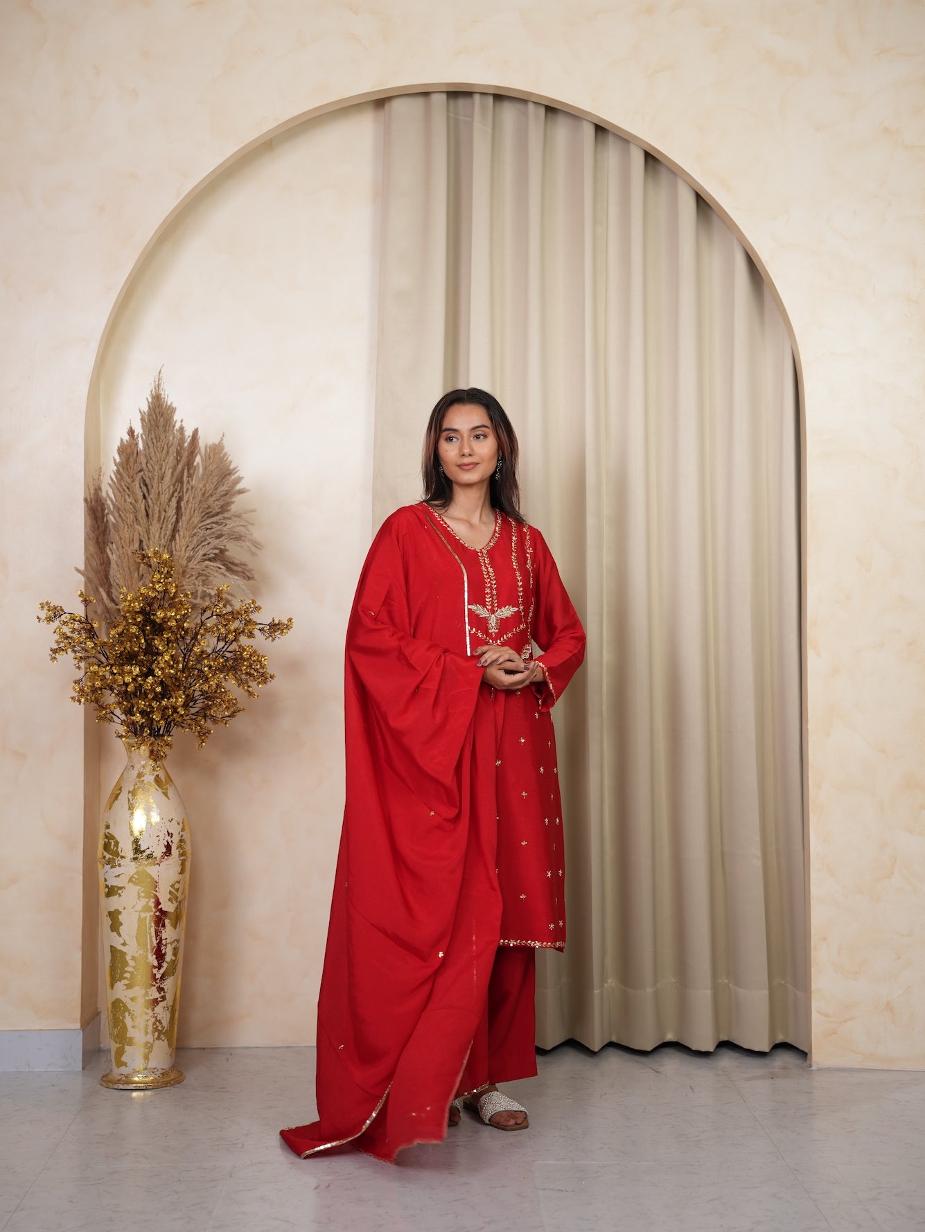 Red Zardosi Embroidered Silk Kurta Set