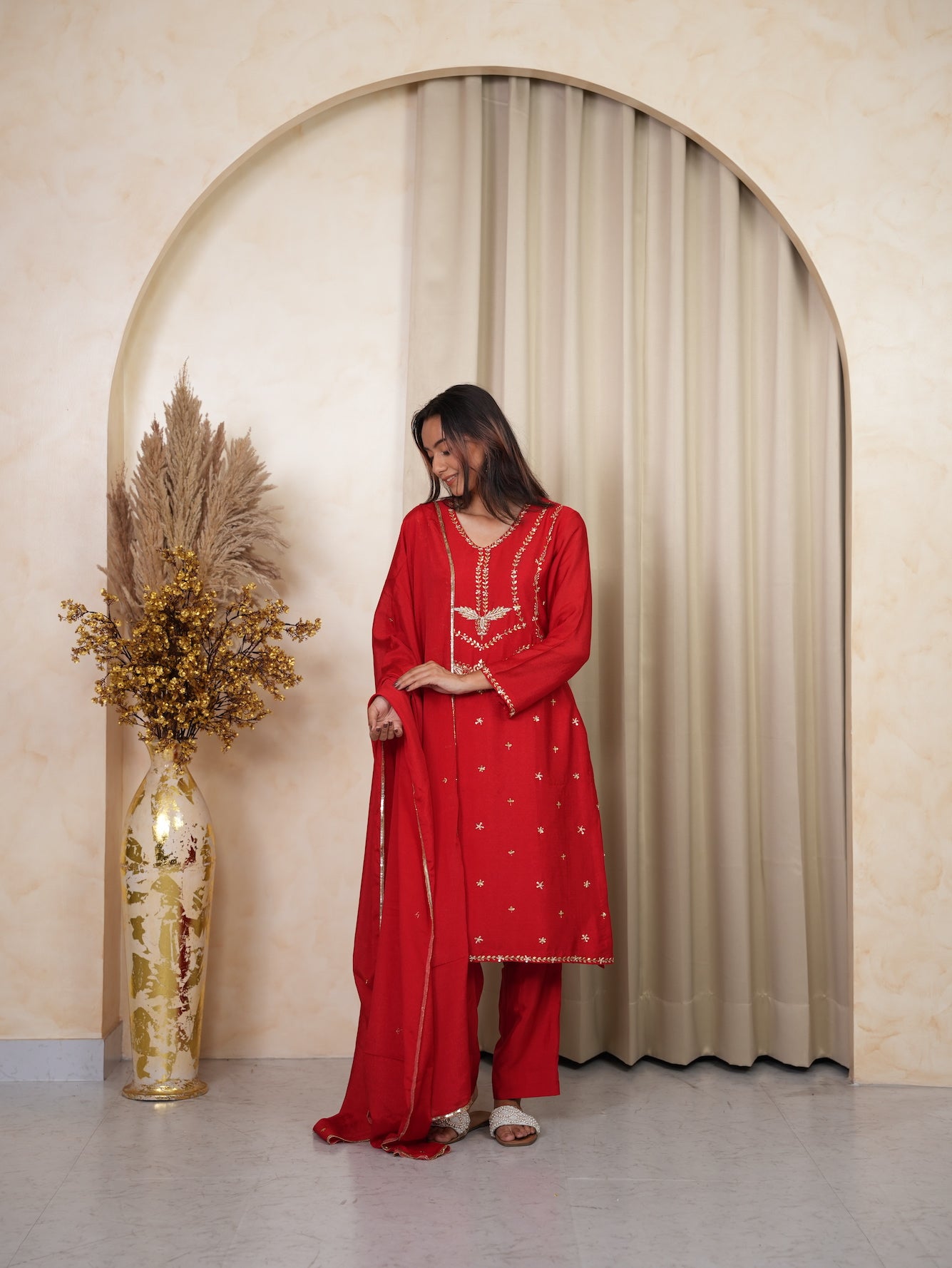 Red Zardosi Embroidered Silk Kurta Set