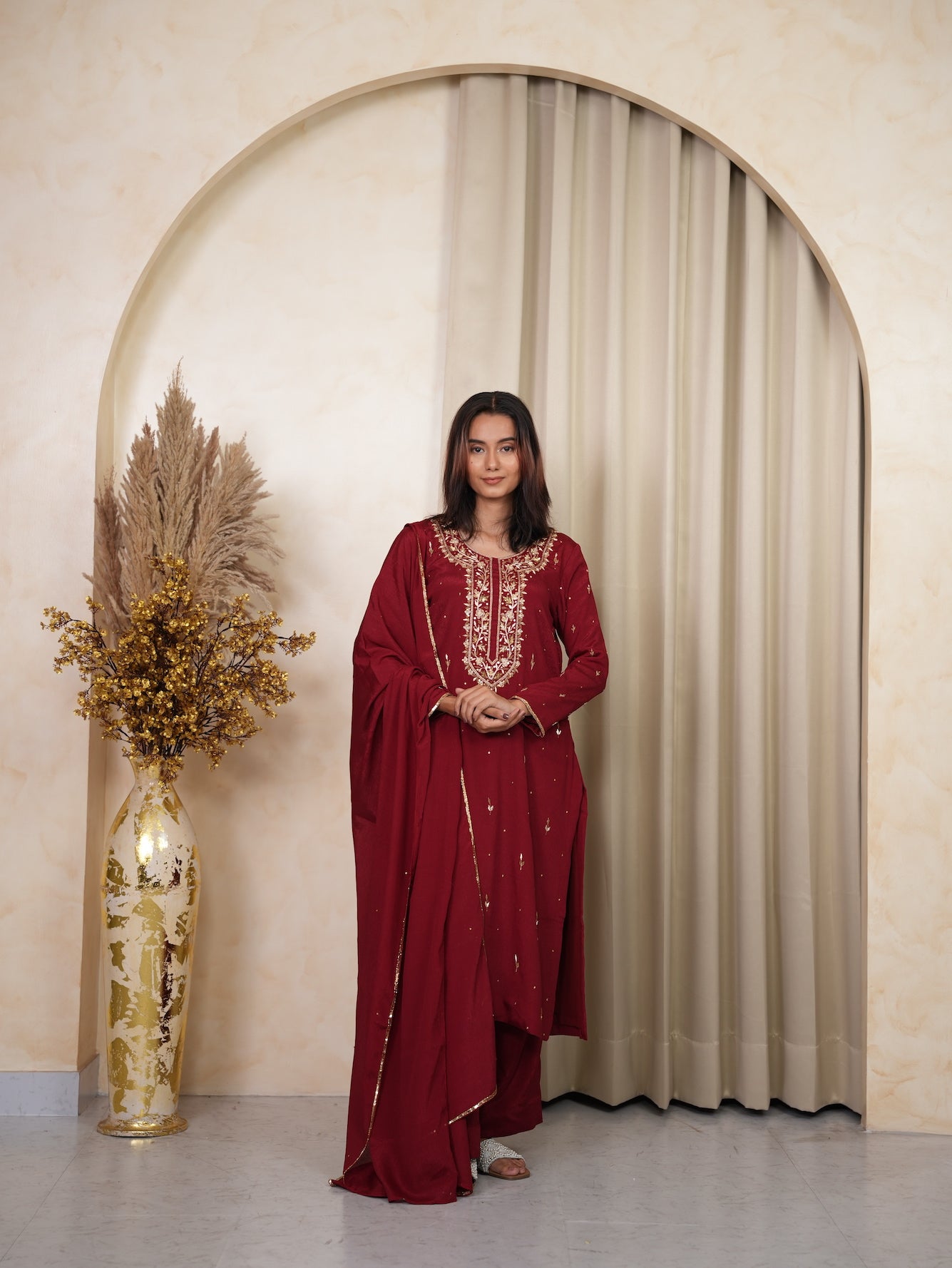 Maroon Zari Embroidered Silk Kurta Set