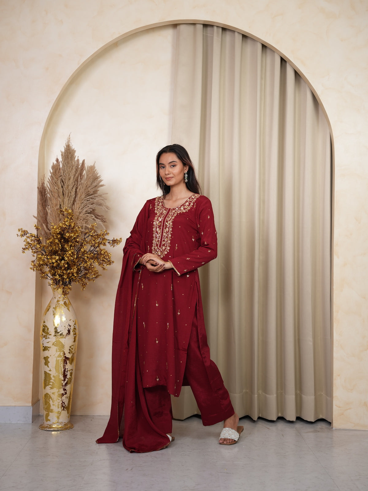 Maroon Zari Embroidered Silk Kurta Set