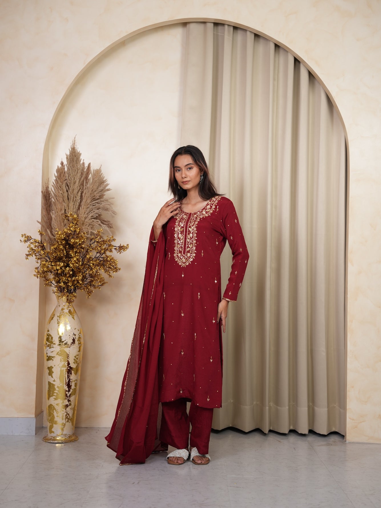 Maroon Zari Embroidered Silk Kurta Set