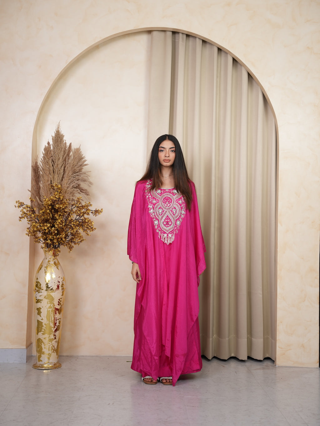 Rani Pink Mirror Embroidered Silk Kaftan Set