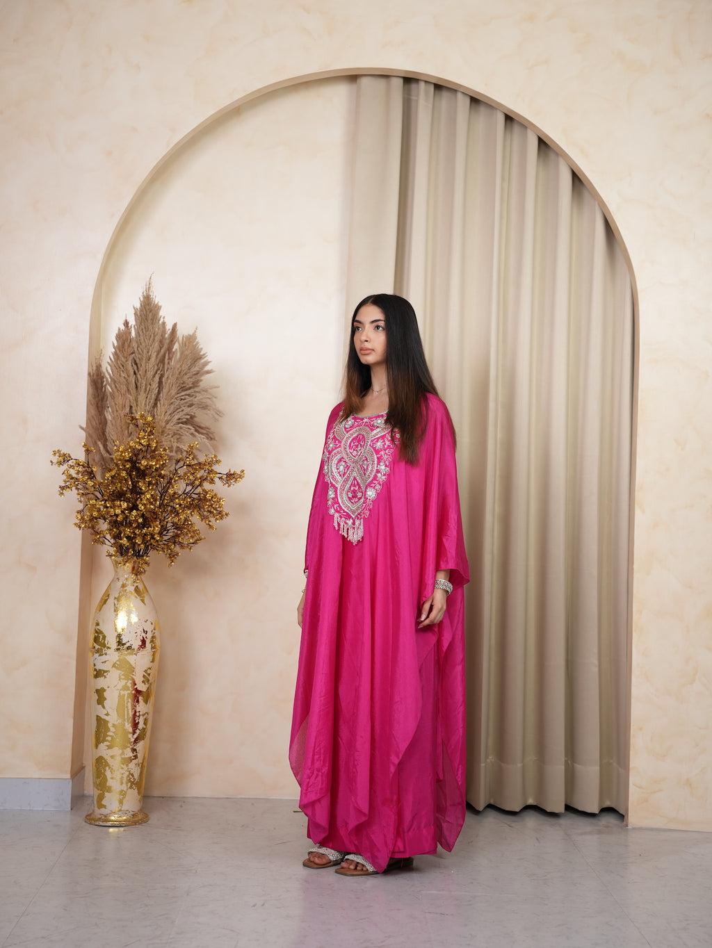 Rani Pink Mirror Embroidered Silk Kaftan Set