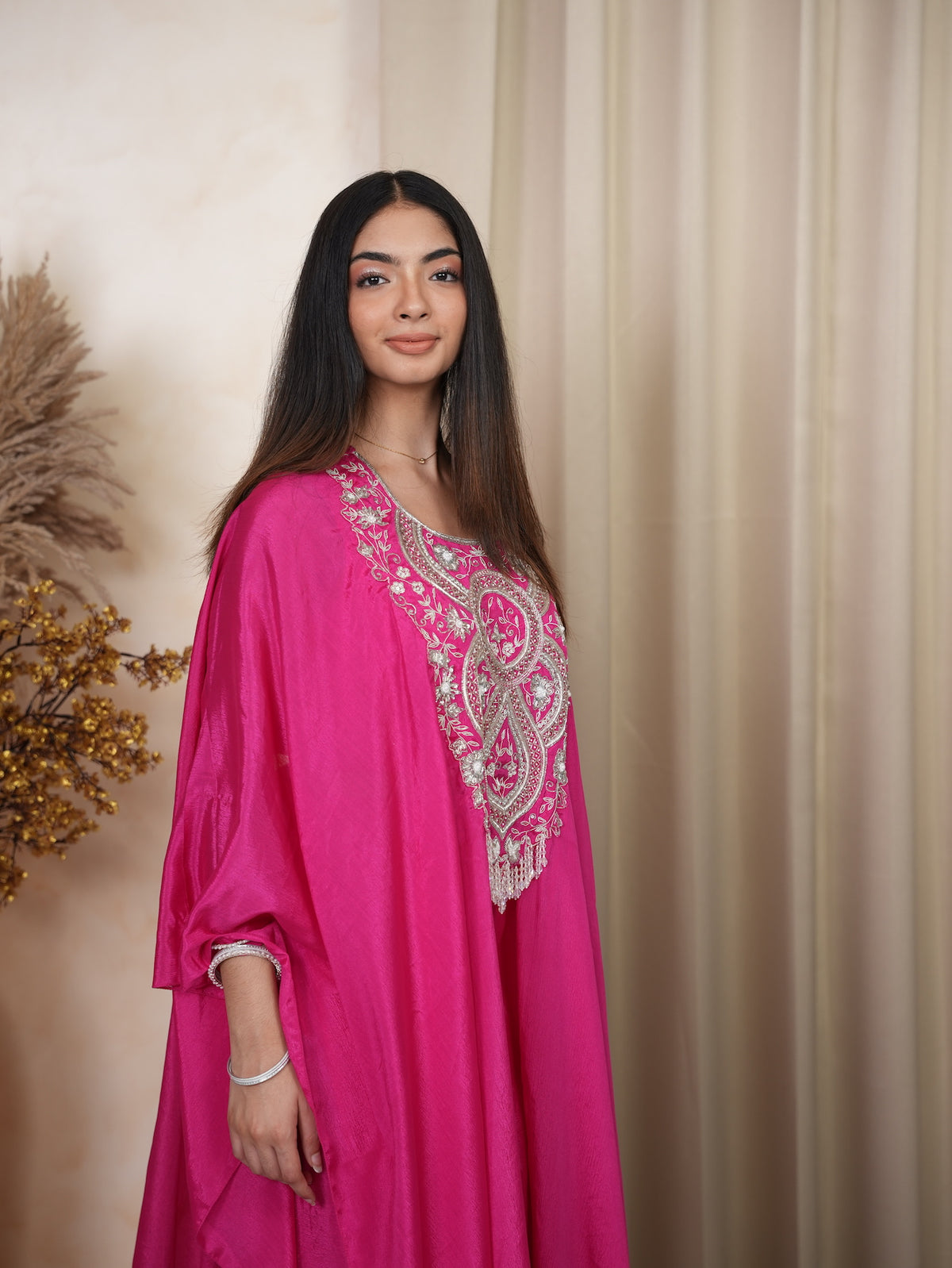 Rani Pink Mirror Embroidered Silk Kaftan Set