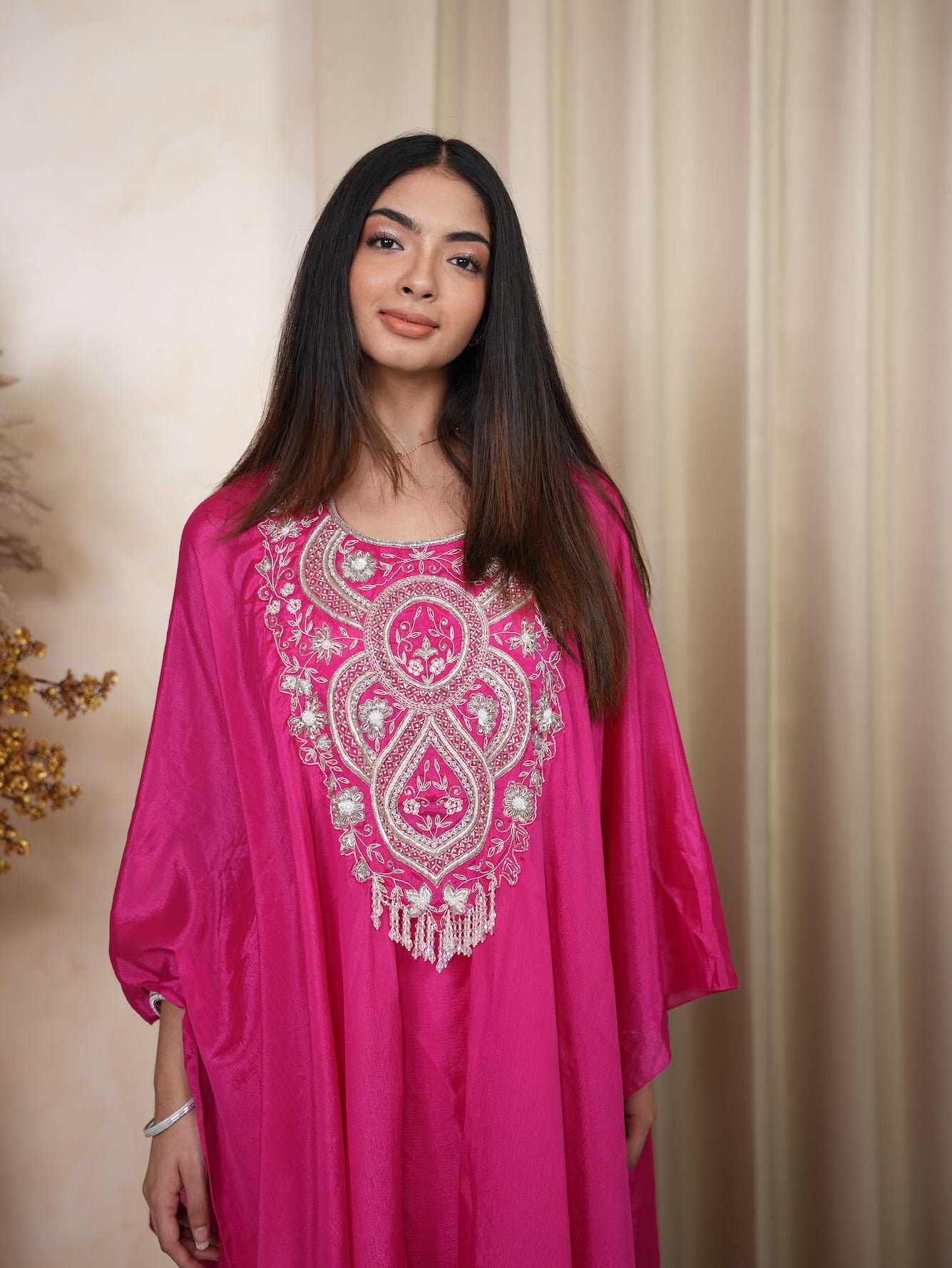 Rani Pink Mirror Embroidered Silk Kaftan Set