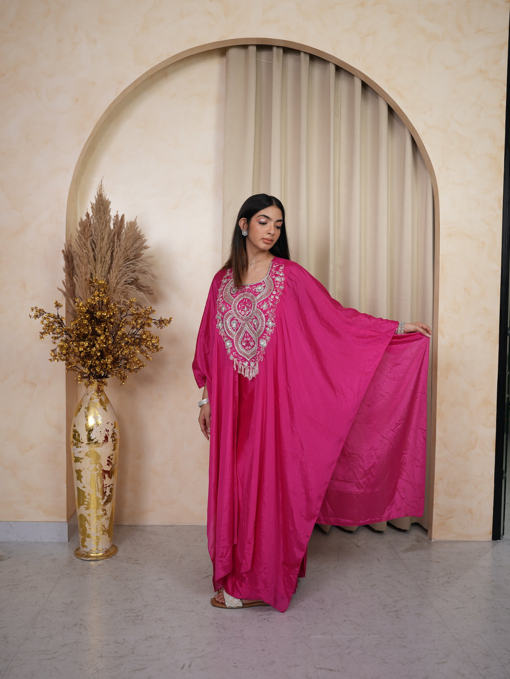 Rani Pink Mirror Embroidered Silk Kaftan Set