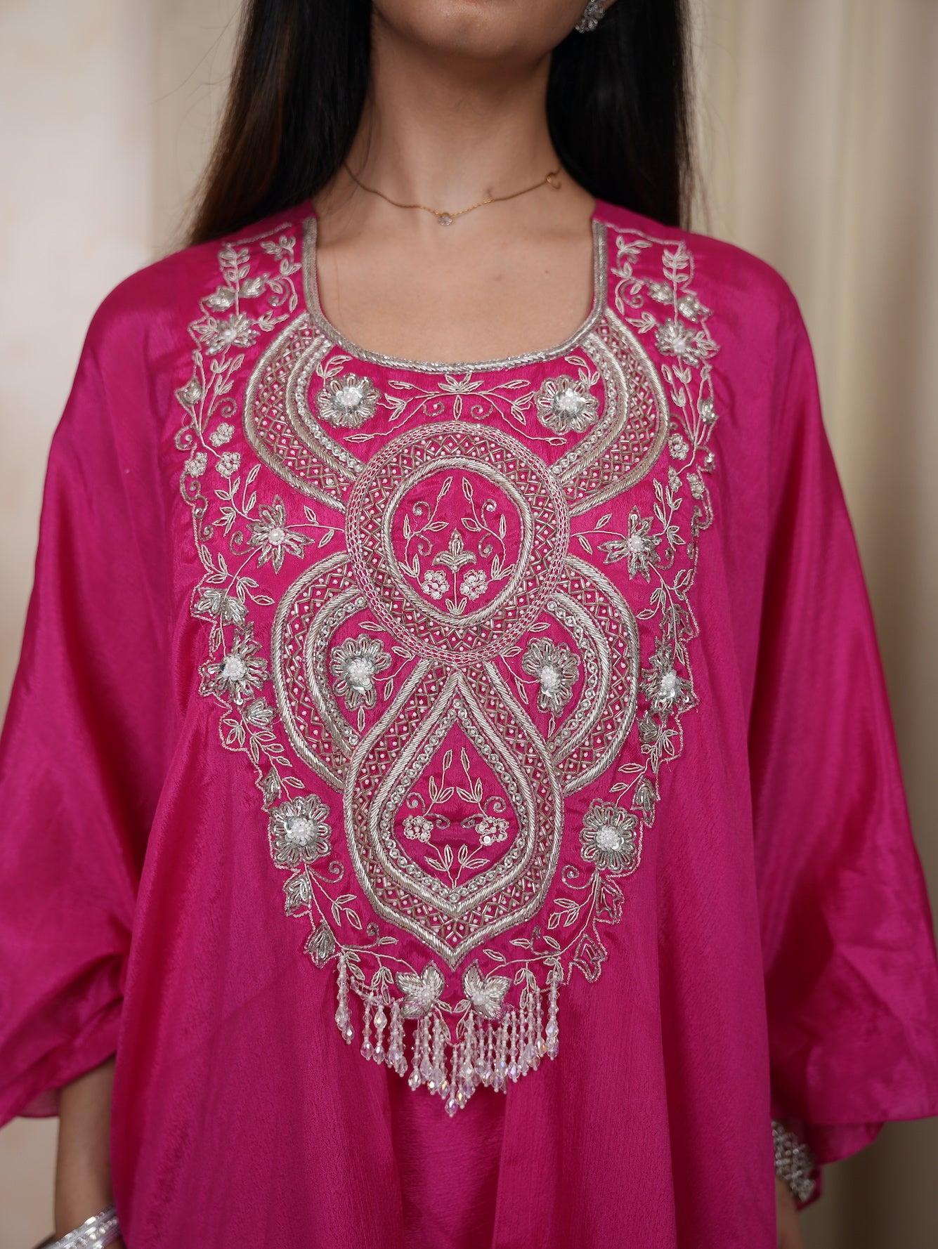 Rani Pink Mirror Embroidered Silk Kaftan Set