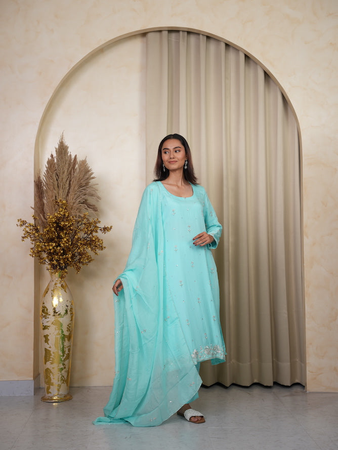 Sky Blue Embroidered Silk Kurta Set