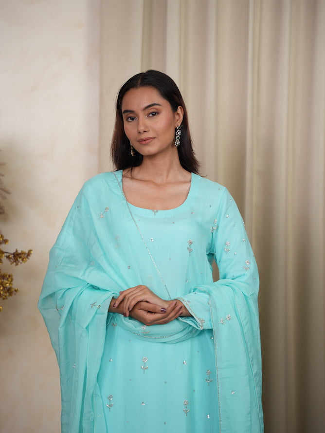 Sky Blue Embroidered Silk Kurta Set
