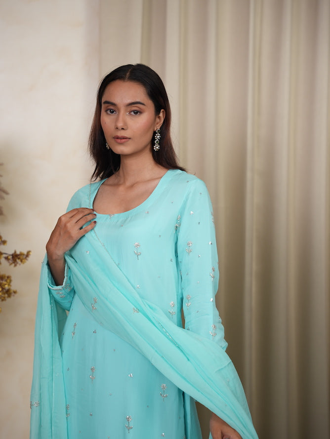 Sky Blue Embroidered Silk Kurta Set