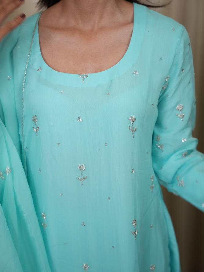 Sky Blue Embroidered Silk Kurta Set