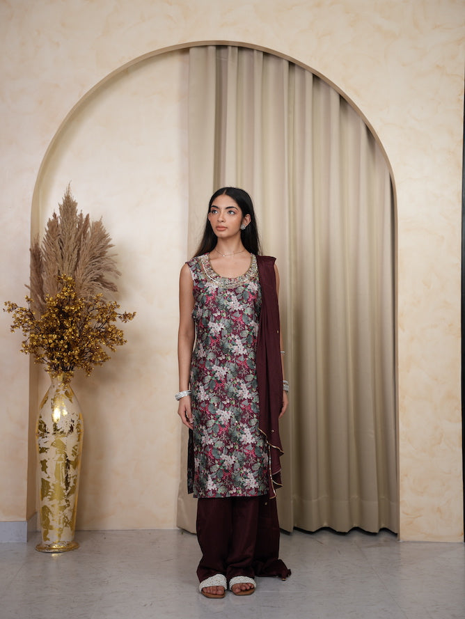 Wine Floral Printed Embellished Kurta Set