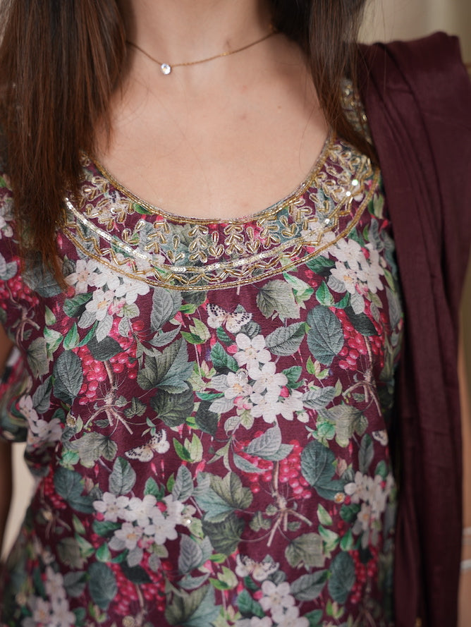 Wine Floral Printed Embellished Kurta Set