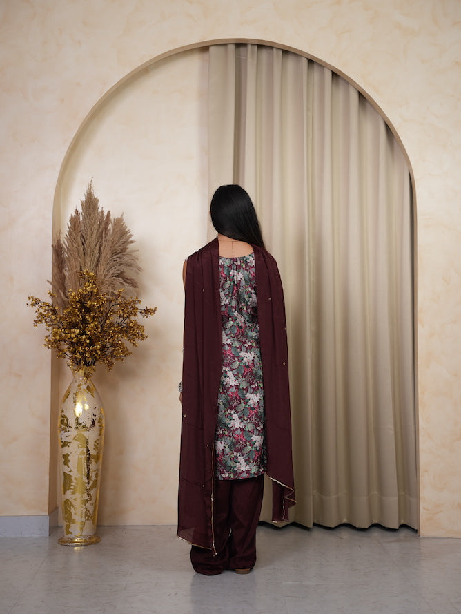 Wine Floral Printed Embellished Kurta Set