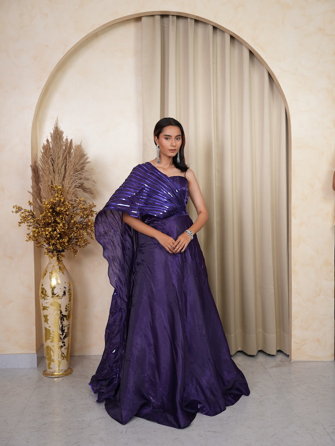 Purple Sequin One-Shoulder Draped Gown