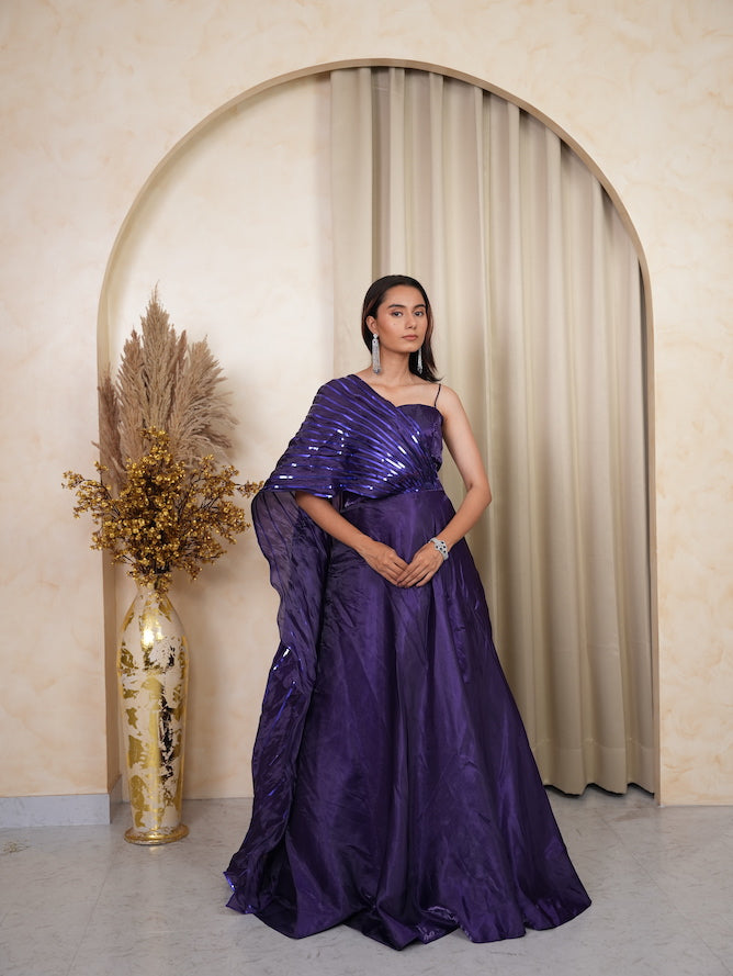 Purple Sequin One-Shoulder Draped Gown
