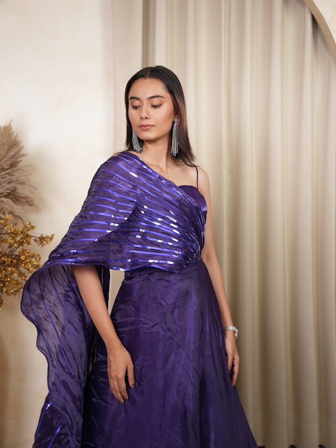 Purple Sequin One-Shoulder Draped Gown