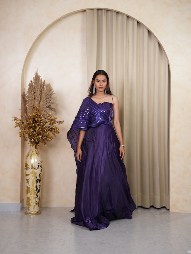 Purple Sequin One-Shoulder Draped Gown