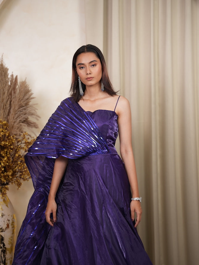 Purple Sequin One-Shoulder Draped Gown