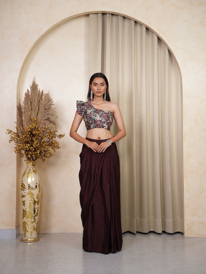 Wine Floral One-Shoulder Draped Skirt Set