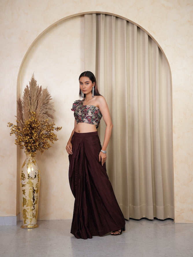 Wine Floral One-Shoulder Draped Skirt Set