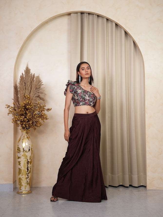 Wine Floral One-Shoulder Draped Skirt Set