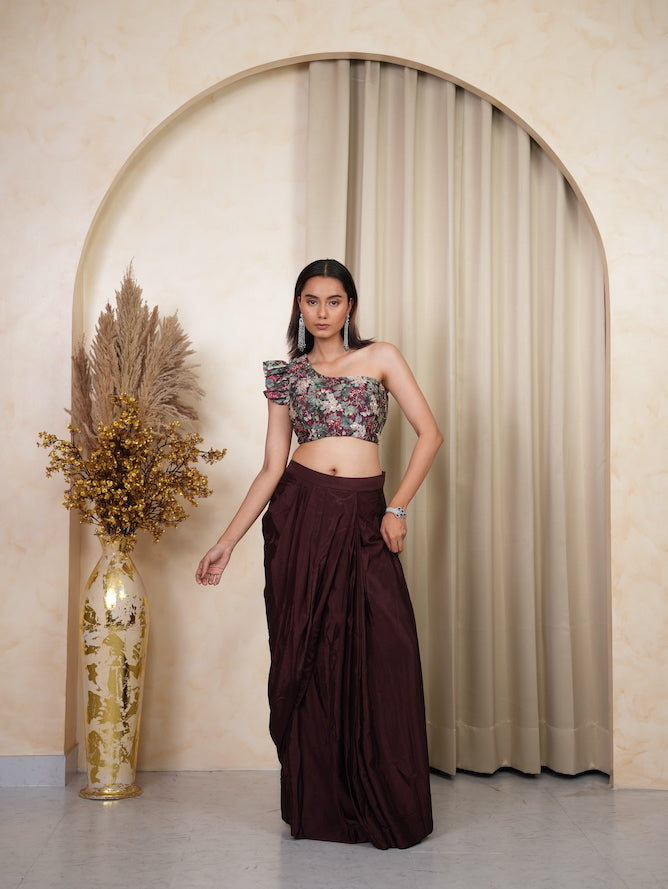 Wine Floral One-Shoulder Draped Skirt Set