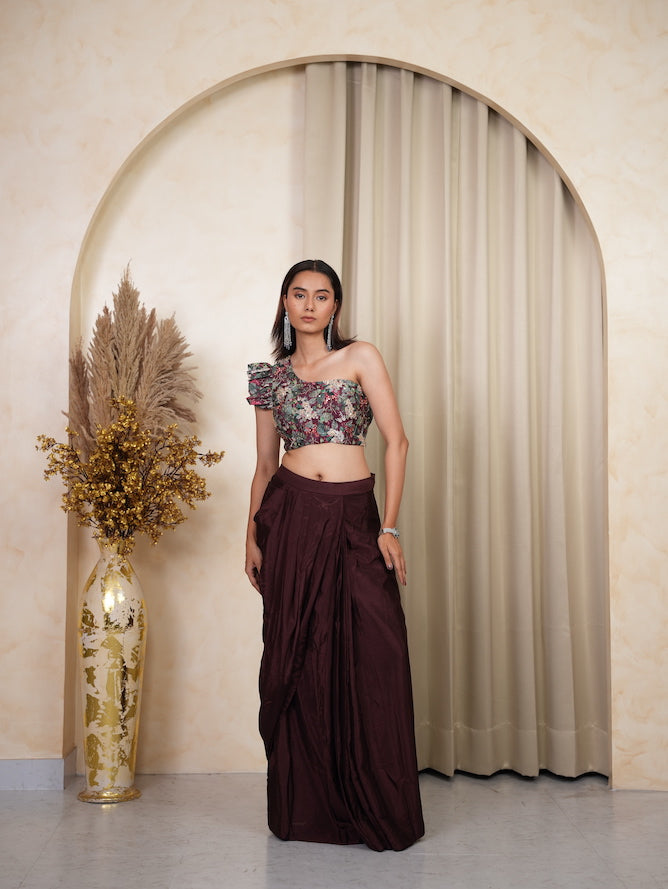 Wine Floral One-Shoulder Draped Skirt Set