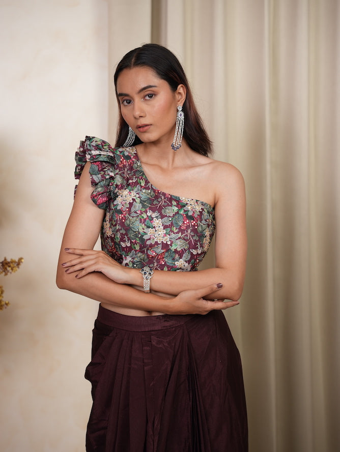 Wine Floral One-Shoulder Draped Skirt Set